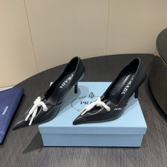 PRADA 25S POINTED TOE HIGH HEELS 85MM IN BLACK LAMBSKIN WITH TIE UP DESIGN
