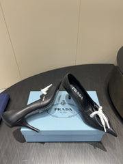 PRADA 25S POINTED TOE HIGH HEELS 85MM IN BLACK LAMBSKIN WITH TIE UP DESIGN