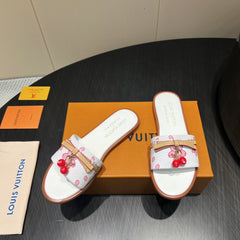 LV SLIDE SANDALS 25S IN WHITE CALFSKIN WITH CHERRY BLOSSOM BUCKLE
