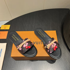 LV SLIDE SANDALS 25S IN DARK BROWN AND BLACK CALFSKIN WITH CHERRY BLOSSOM BUCKLE