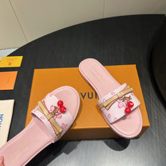 LV SLIDE SANDALS 25S IN LIGHT PINK CALFSKIN WITH CHERRY BLOSSOM BUCKLE