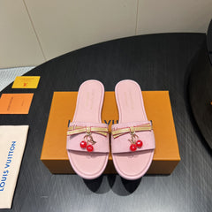 LV SLIDE SANDALS 25S IN BABY PINK DENIM AND CALFSKIN WITH CHERRY BLOSSOM BUCKLE