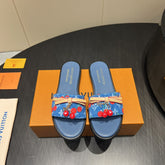 LV SLIDE SANDALS 25S IN DARK BLUE DENIM AND CALFSKIN WITH CHERRY BLOSSOM BUCKLE