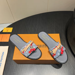 LV SLIDE SANDALS 25S IN GREY DENIM AND CALFSKIN WITH CHERRY BLOSSOM BUCKLE