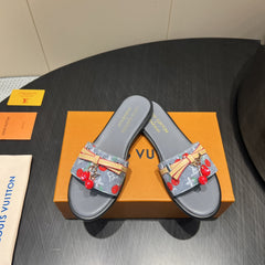 LV SLIDE SANDALS 25S IN GREY DENIM AND CALFSKIN WITH CHERRY BLOSSOM BUCKLE