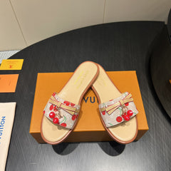LV SLIDE SANDALS 25S IN BEIGE DENIM AND CALFSKIN WITH CHERRY BLOSSOM BUCKLE