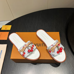 LV SLIDE SANDALS 25S IN WHITE DENIM AND CALFSKIN WITH CHERRY BLOSSOM BUCKLE