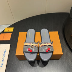 LV SLIDE SANDALS 25S IN DARK GREY DENIM AND CALFSKIN WITH CHERRY BLOSSOM BUCKLE