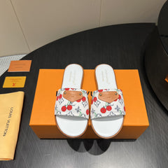 LV SLIDE SANDALS 25S IN WHITE DENIM AND CALFSKIN WITH LOGO PRINT