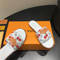 LV SLIDE SANDALS 25S IN WHITE DENIM AND CALFSKIN WITH LOGO PRINT