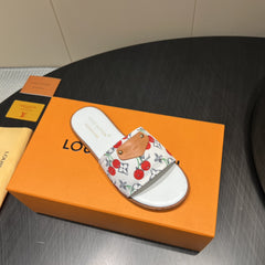 LV SLIDE SANDALS 25S IN WHITE DENIM AND CALFSKIN WITH LOGO PRINT