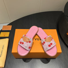 LV SLIDE SANDALS 25S IN PINK DENIM AND CALFSKIN WITH LOGO PRINT