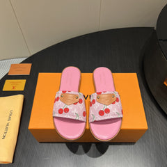 LV SLIDE SANDALS 25S IN PINK DENIM AND CALFSKIN WITH LOGO PRINT