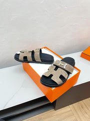 CHYPRE SANDAL LIGHT GRAY SUEDE WITH H BUCKLE