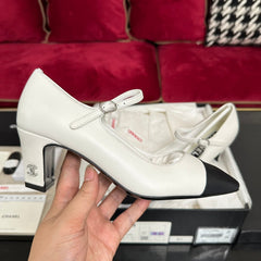 HIGH MARY JANE IN WHITE CALFSKIN AND BLACK SATIN