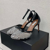 ALAIA HIGH FISHNET PUMPS IN BLACK MESH WITH WHITE RHINSTONES