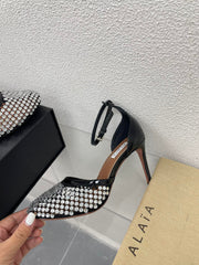 ALAIA HIGH FISHNET PUMPS IN BLACK MESH WITH WHITE RHINSTONES