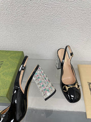 GG WOMEN'S HORSEBIT SLINGBACK 95MM IN BLACK CALFSKIN WITH RHINSTONES