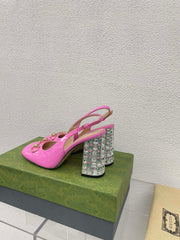 GG WOMEN'S HORSEBIT SLINGBACK 95MM IN FUSICA PINK CALFSKIN WITH RHINSTONES