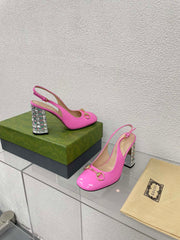 GG WOMEN'S HORSEBIT SLINGBACK 95MM IN FUSICA PINK CALFSKIN WITH RHINSTONES