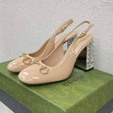 GG WOMEN'S HORSEBIT SLINGBACK 95MM IN TAN BEIGE CALFSKIN WITH RHINSTONES