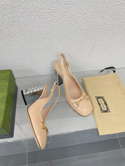 GG WOMEN'S HORSEBIT SLINGBACK 95MM IN TAN BEIGE CALFSKIN WITH RHINSTONES