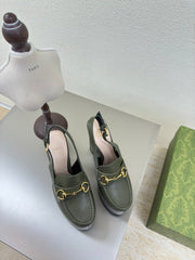 GG WOMEN'S HORSEBIT PLATFORM LOAFER SLINGBACK IN UNIFORM GREEN EMBOSSED CALFSKIN