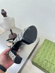 GG WOMEN'S HORSEBIT PLATFORM LOAFER SLINGBACK IN BEIGE AND BLUE CANVAS