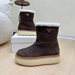 SUEDE BOOTS DARK BROWN WITH SHEARLING LINING AND RUBBER FLATFORM SOLE