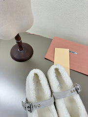 SHEARLING BALLET FLAT WHITE WITH SUEDE STRAP