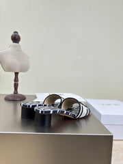 DWAY HEELED SLIDE EMBROIDERED COTTON AND NAVY BLUE MISS DIOR ALLOVER MOTIF 35 MM