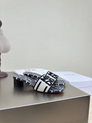 DWAY HEELED SLIDE EMBROIDERED COTTON AND NAVY BLUE MISS DIOR ALLOVER MOTIF 35 MM