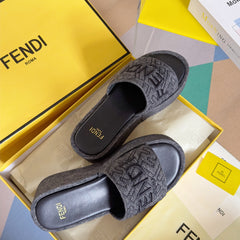 FENDI PLATFORM WEDGES IN BLACK JACUARD FABRIC WITH BLACK EMBROIDERED LOGO
