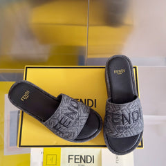 FENDI PLATFORM WEDGES IN BLACK JACUARD FABRIC WITH BLACK EMBROIDERED LOGO