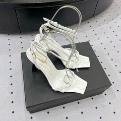 SL ANKLE-BUCKLE HEELED SANDALS WHITE CALFSKIN
