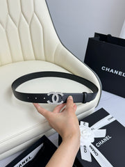 CC BELT 30MM IN BLACK SMOOTH CALFSKIN SILVER HARDWARE ATTACH RHINSTONES