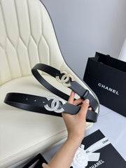 CC BELT 30MM IN BLACK SMOOTH CALFSKIN SILVER HARDWARE ATTACH RHINSTONE