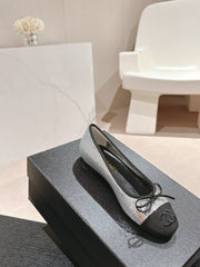 BALLET FLATS IN SILVER GLITTERED TULLE AND BLACK SATIN