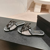 BOW LADY SLIPPERS BLACK LAMBSKIN WITH WHITE RHINESTONES