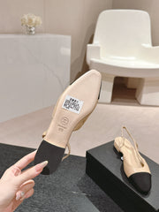 SLINGBACKS IN BEIGE CREAM LAMBSKIN AND BLACK SATIN