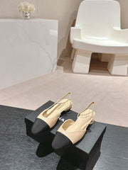 SLINGBACKS IN BEIGE CREAM LAMBSKIN AND BLACK SATIN