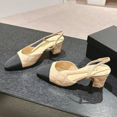 HIGH SLINGBACKS IN BEIGE CREAM LAMBSKIN AND BLACK SATIN