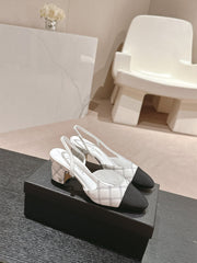 HIGH SLINGBACKS IN WHITE LAMBSKIN AND BLACK SATIN