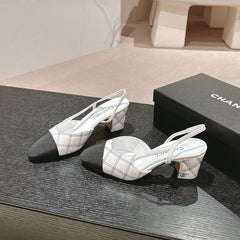 HIGH SLINGBACKS IN WHITE LAMBSKIN AND BLACK SATIN