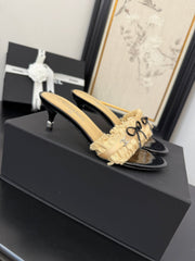 SAND YELLOW GROSGRAIN CANVAS BOW MULE SANDALS 65 MM