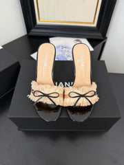 PEACH PINK GROSGRAIN CANVAS BOW MULE SANDALS 90 MM