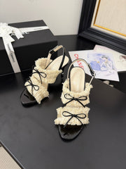 WHITE GROSGRAIN CANVAS BOW SLINGBACK SANDALS