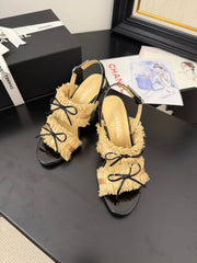 SAND YELLOW GROSGRAIN CANVAS BOW SLINGBACK SANDALS