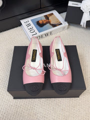 FLAT MARY JANE PUMPS IN BABY PINK LAMBSKIN MIX BLACK FABRIC
