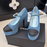 FLATFORM SANDAL IN AEGEAN BLUE TWEED AND BLACK FABRIC